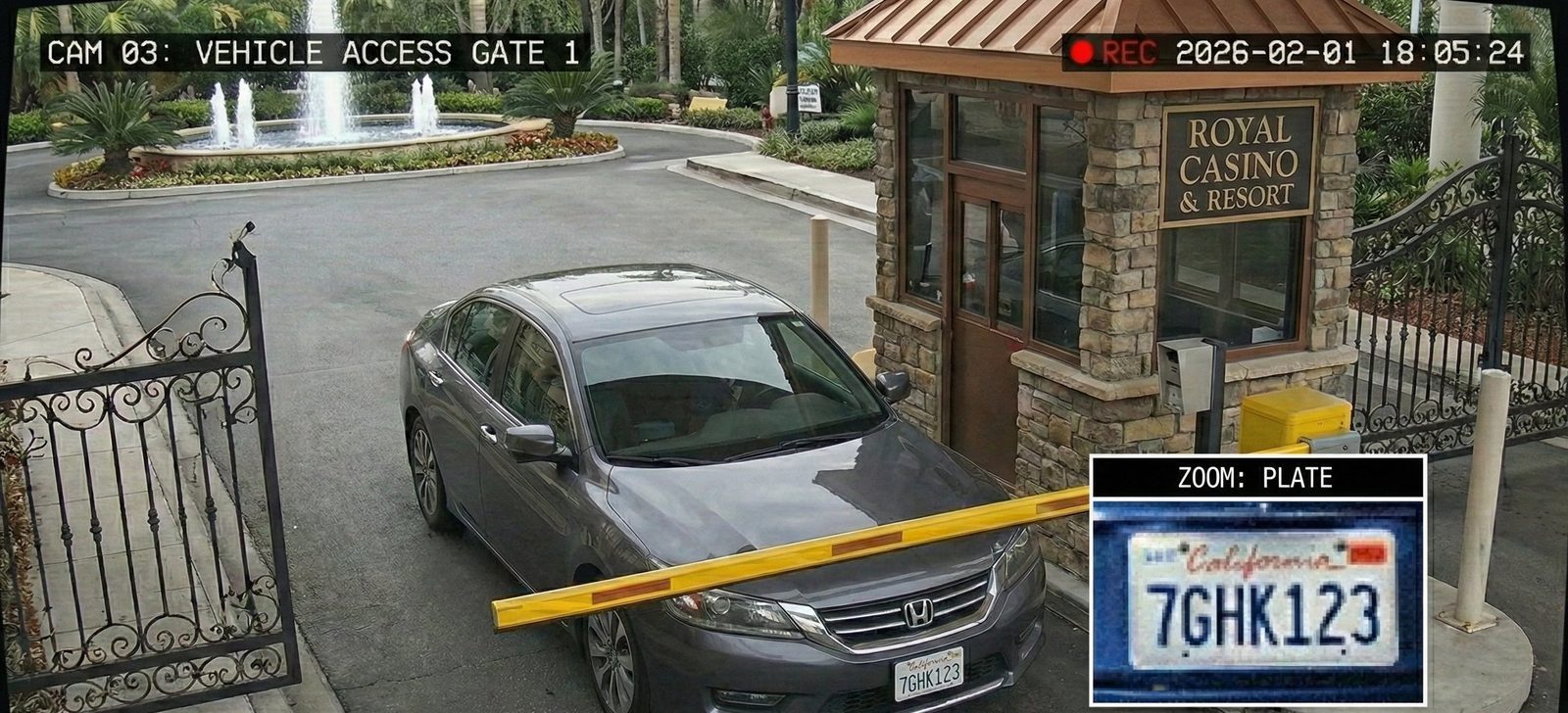 Cámara de reconocimiento de placas en la entrada de un casino