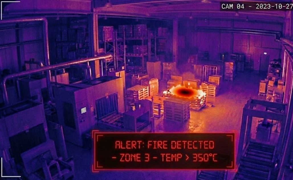Cámara térmica de seguridad en una bodega industrial
