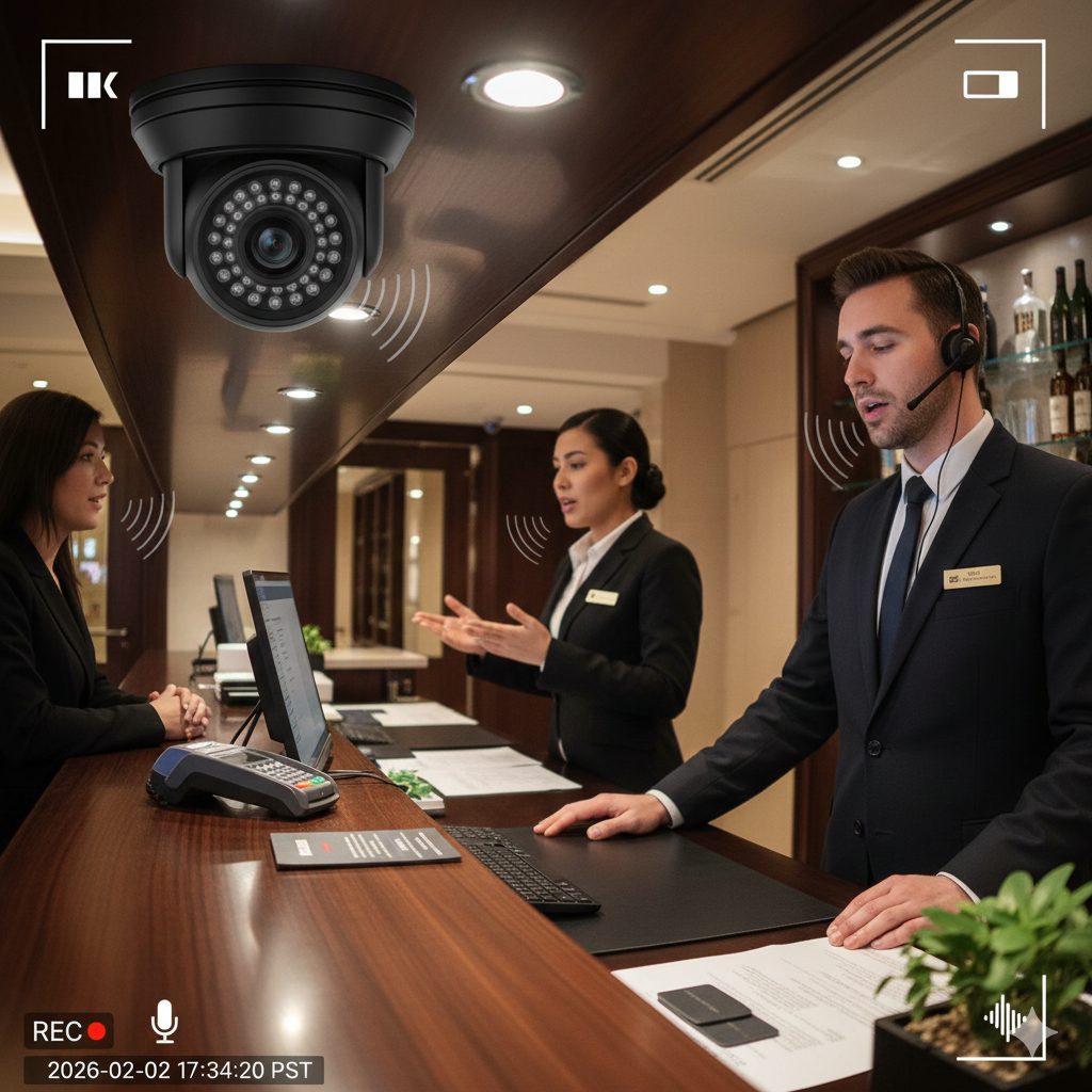 Cámara de seguridad con audio en la recepción de un hotel