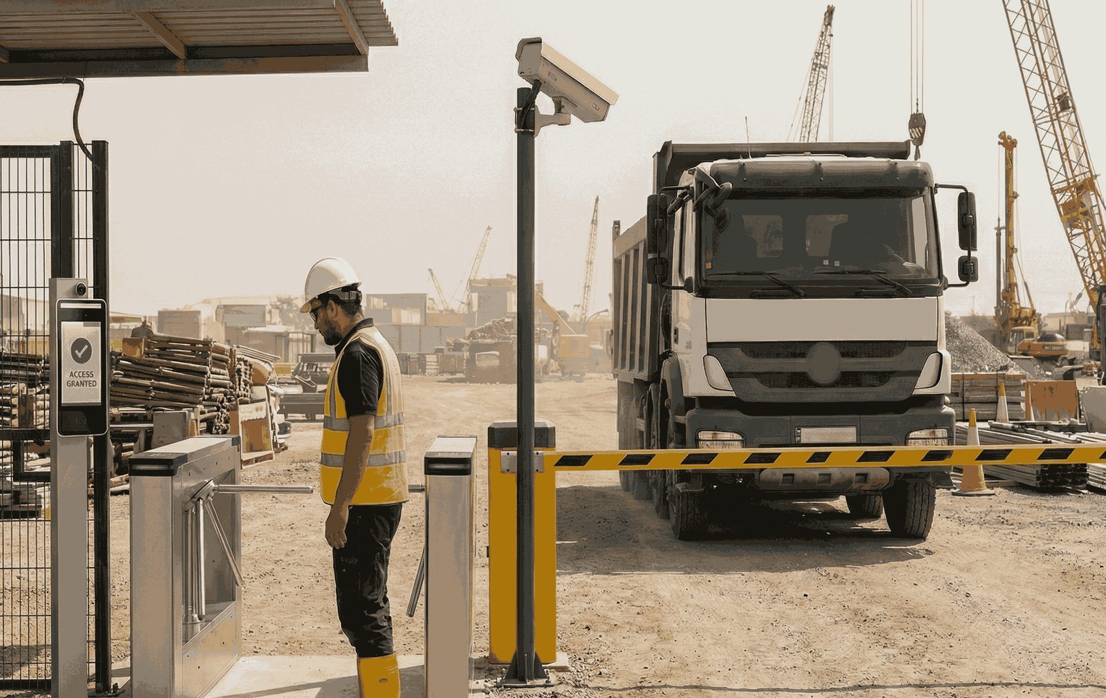 Torre de seguridad con IA vigilando una obra en construcción