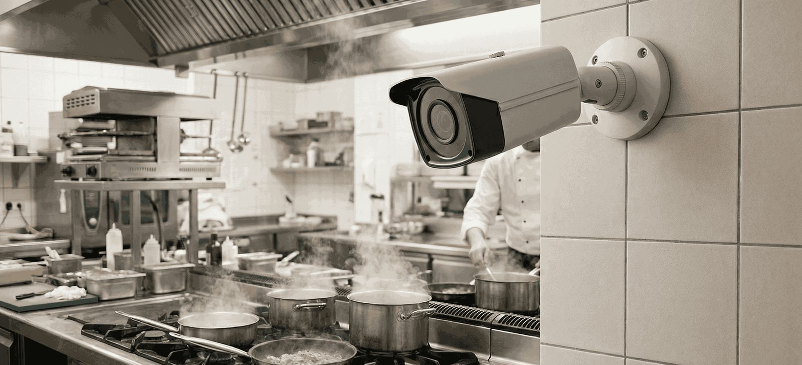 Cámara anti-grasa vigilando la cocina de un restaurante