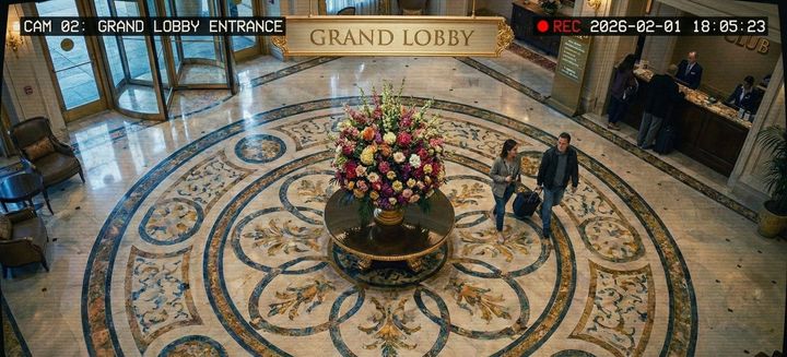 Cámaras de seguridad en pasillos y recepción de un hotel
