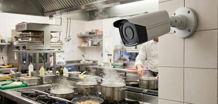 Cámara de seguridad en el área de caja de un restaurante
